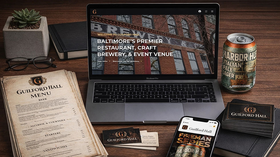Laptop displaying 'BREWERY' website, menu, beer can, and phone, on demand design services.