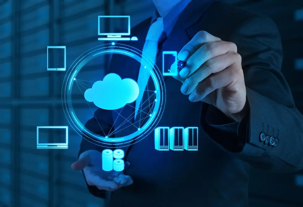 Businessperson interacting with cloud computing diagram, showcasing devices and data integration