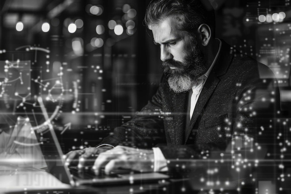 Man with a beard focused on a laptop, surrounded by digital graphics. Black and white, bokeh lights in background, tech mood.