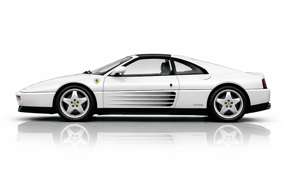 White Ferrari 348 side profile on white background