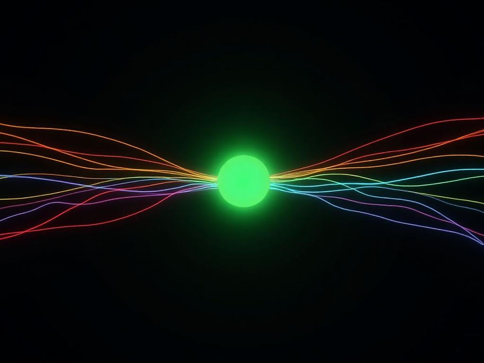 Glowing green sphere, colorful wavy energy lines extending on black background.