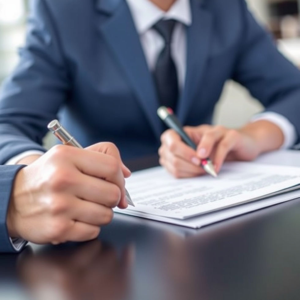 Person in a suit signing papers on a desk, holding a pen. The background is a blurred office setting, conveying a professional mood.