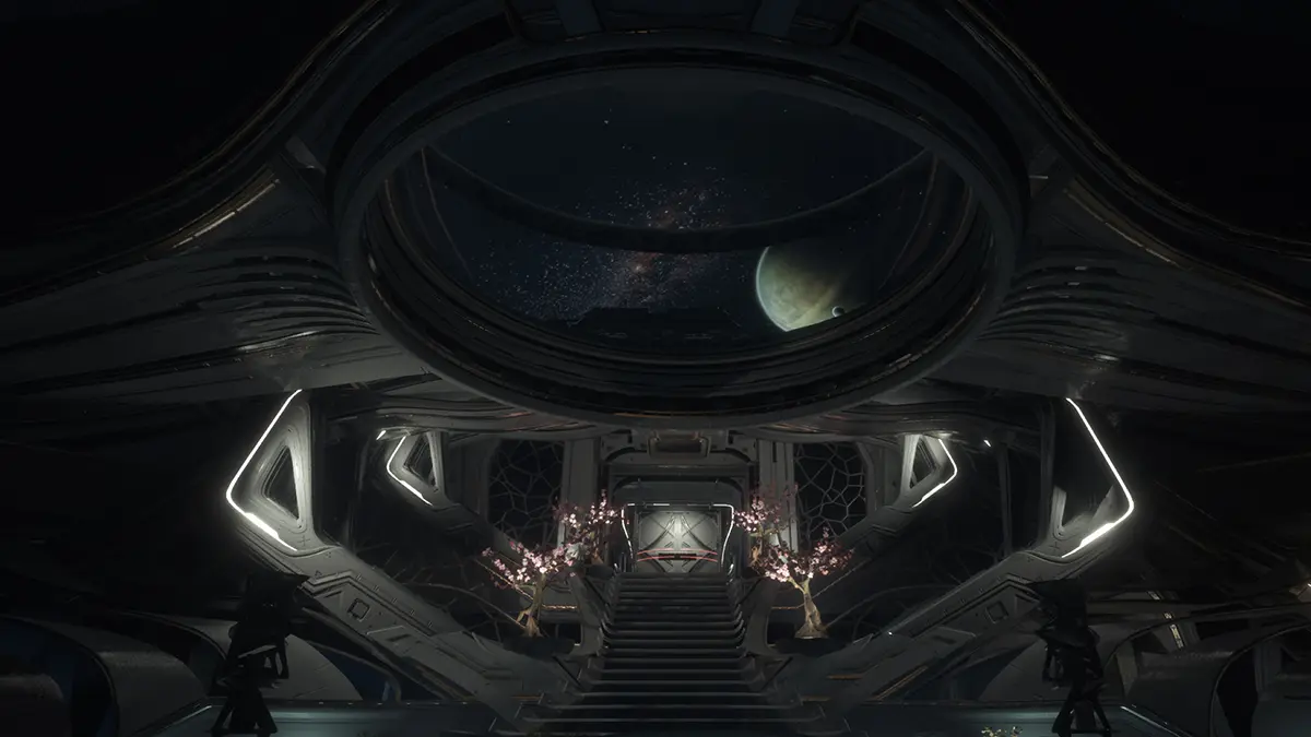 Dark futuristic spaceship bridge with large window viewing distant moon.