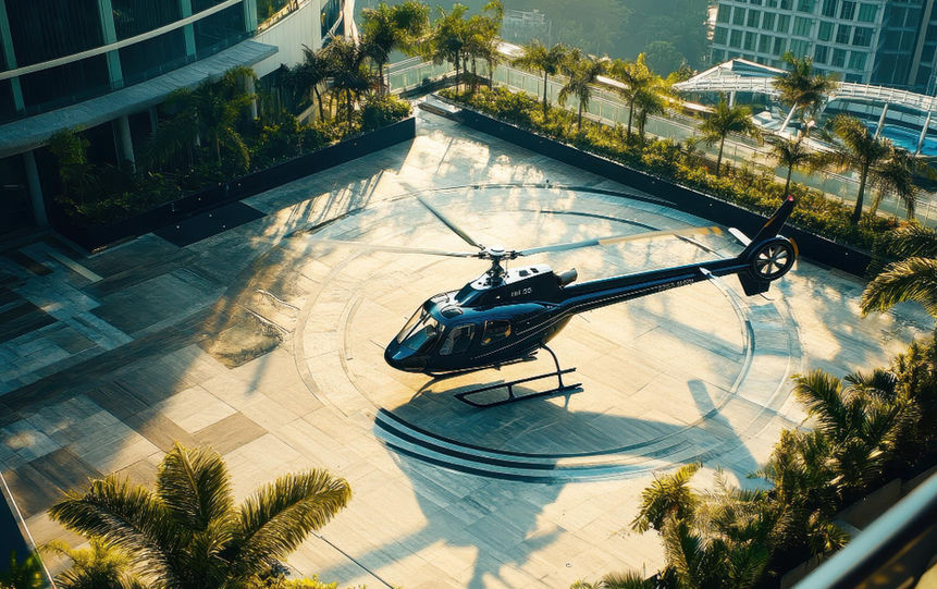 Helicopter on a rooftop helipad surrounded by palm trees
