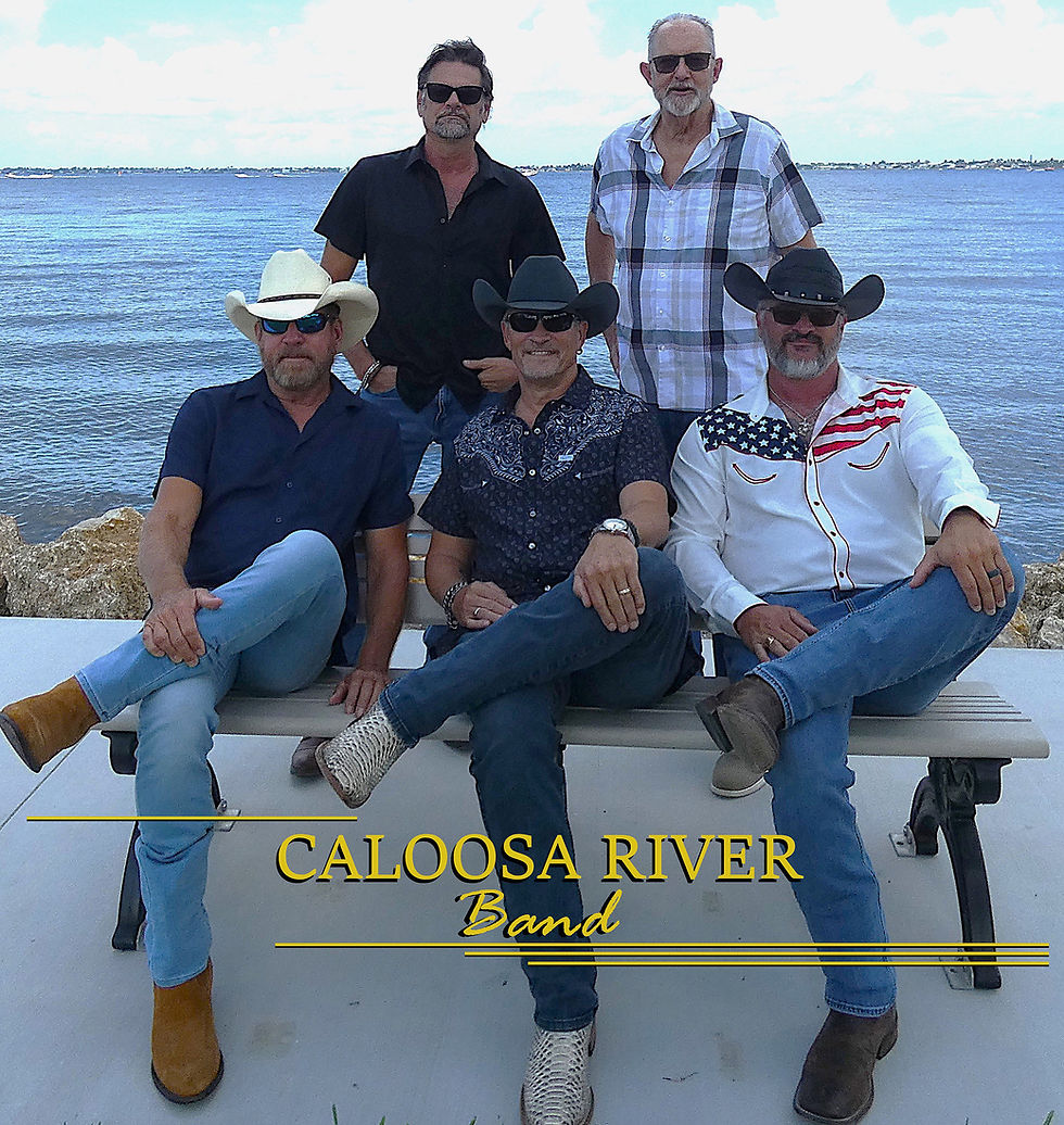 Caloosa River Band sits outside. Five men in cowboy hats are posing.