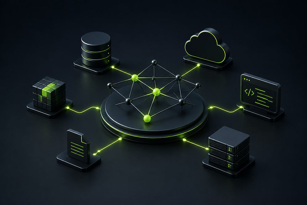 Network nodes connecting data for AI strategy consulting.