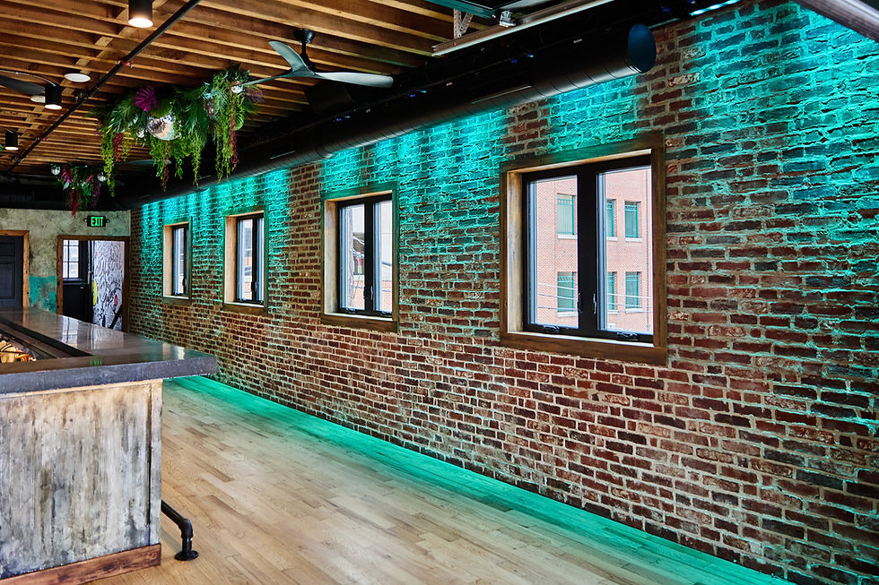 Empty industrial loft with brick wall, teal lighting, windows, wooden floor, hanging plants, and an EXIT sign.