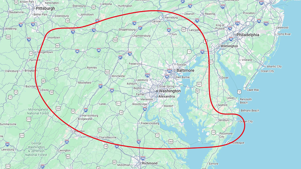 Service area map covering Baltimore, D.C., and surroundings