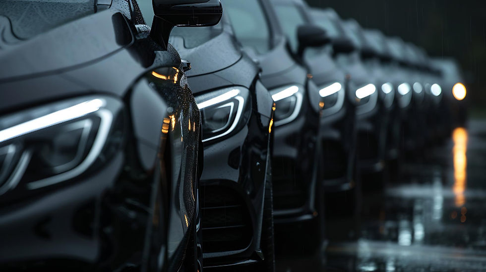 Line of black fleet cars with glowing headlights