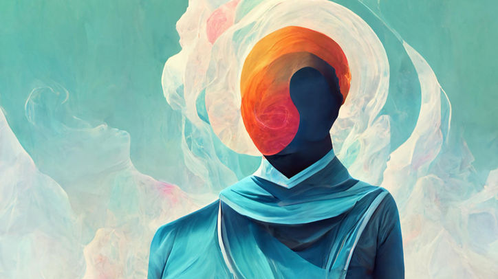 Stylized figure with colorful swirling head