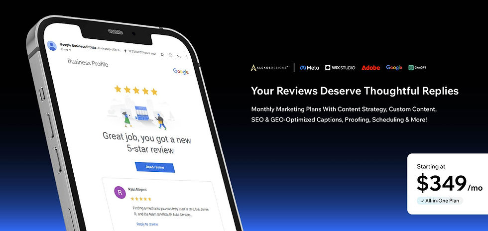 Tilted smartphone showing Google Business Profile 5-star review alert beside a marketing ad with pricing and brand logos on black background