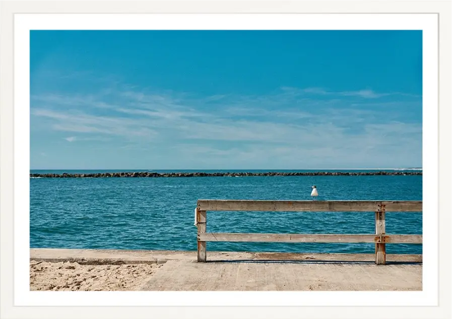 Wooden fence overlooking the blue ocean under a bright sky with Alex Ashman Studio