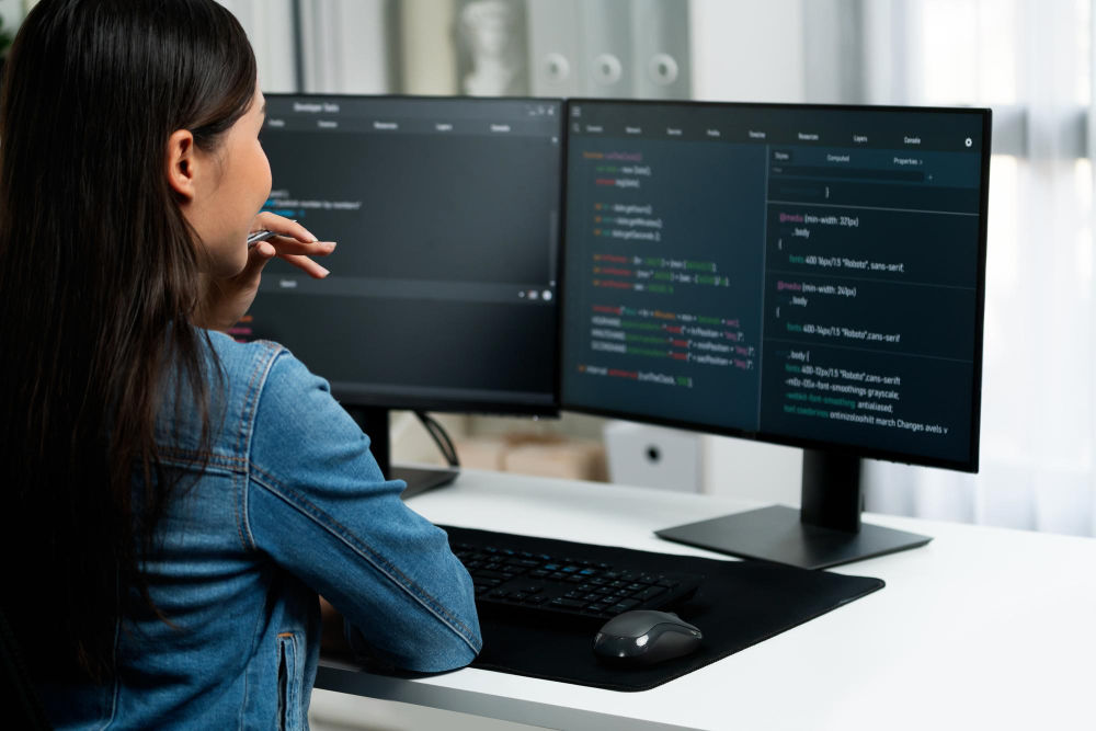 Developer writing code on dual monitor setup for mainframe