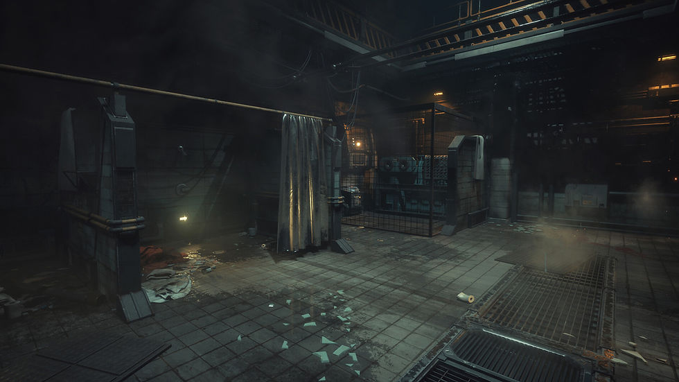 Abandoned dark industrial room with hanging white sheet and scattered debris.