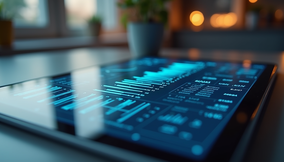 Tablet displaying blue data charts on a desk, with a blurred plant and warm bokeh lights in the background