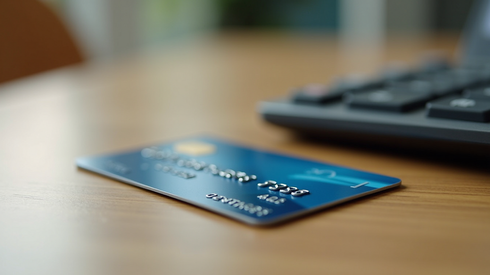 Close-up view of a credit card and calculator on a wooden desk