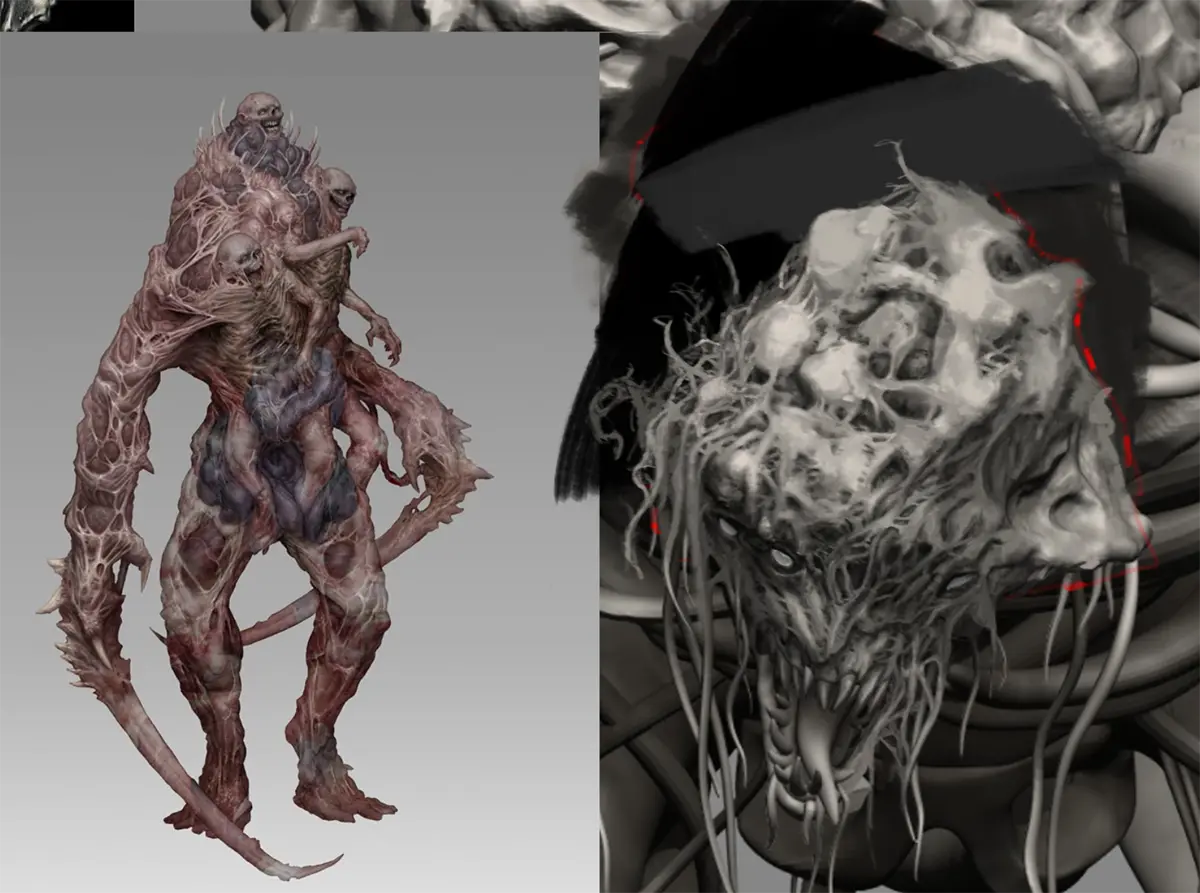 Grotesque horror creature concept art with sinewy tentacles and sharp claws.