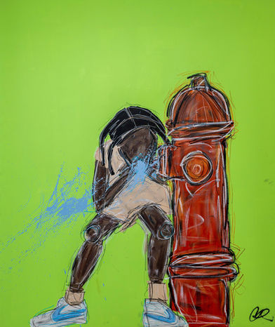 Figure with dreadlocks bending by red fire hydrant, blue spray