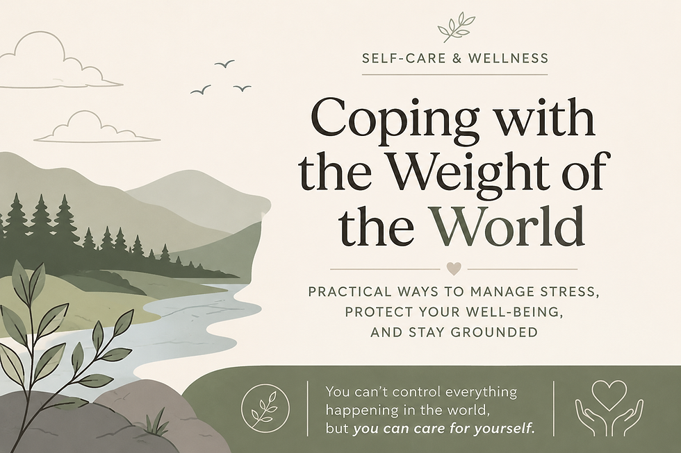Poster with mountain river illustration and leaves; text reads Coping with the Weight of the World, about self-care and stress.