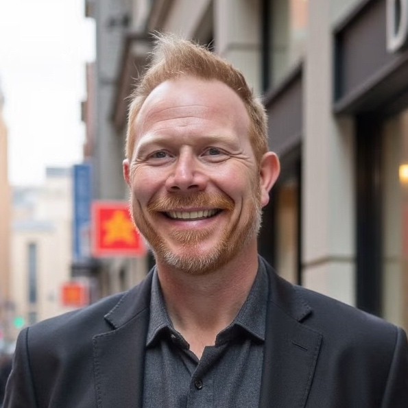 Smiling man in black blazer in front of shops