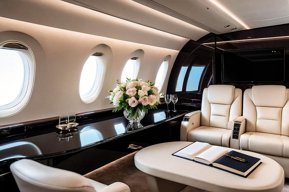Luxury private jet interior with cream leather seats and floral arrangement