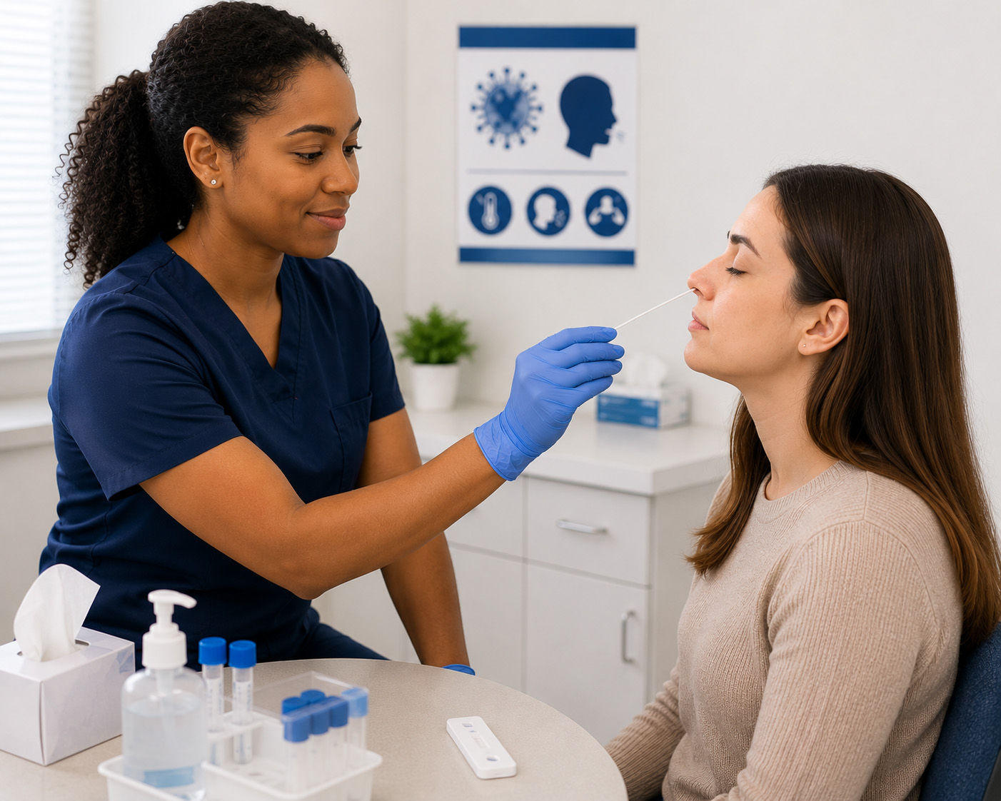 Nurse performing nasal swab test on woman