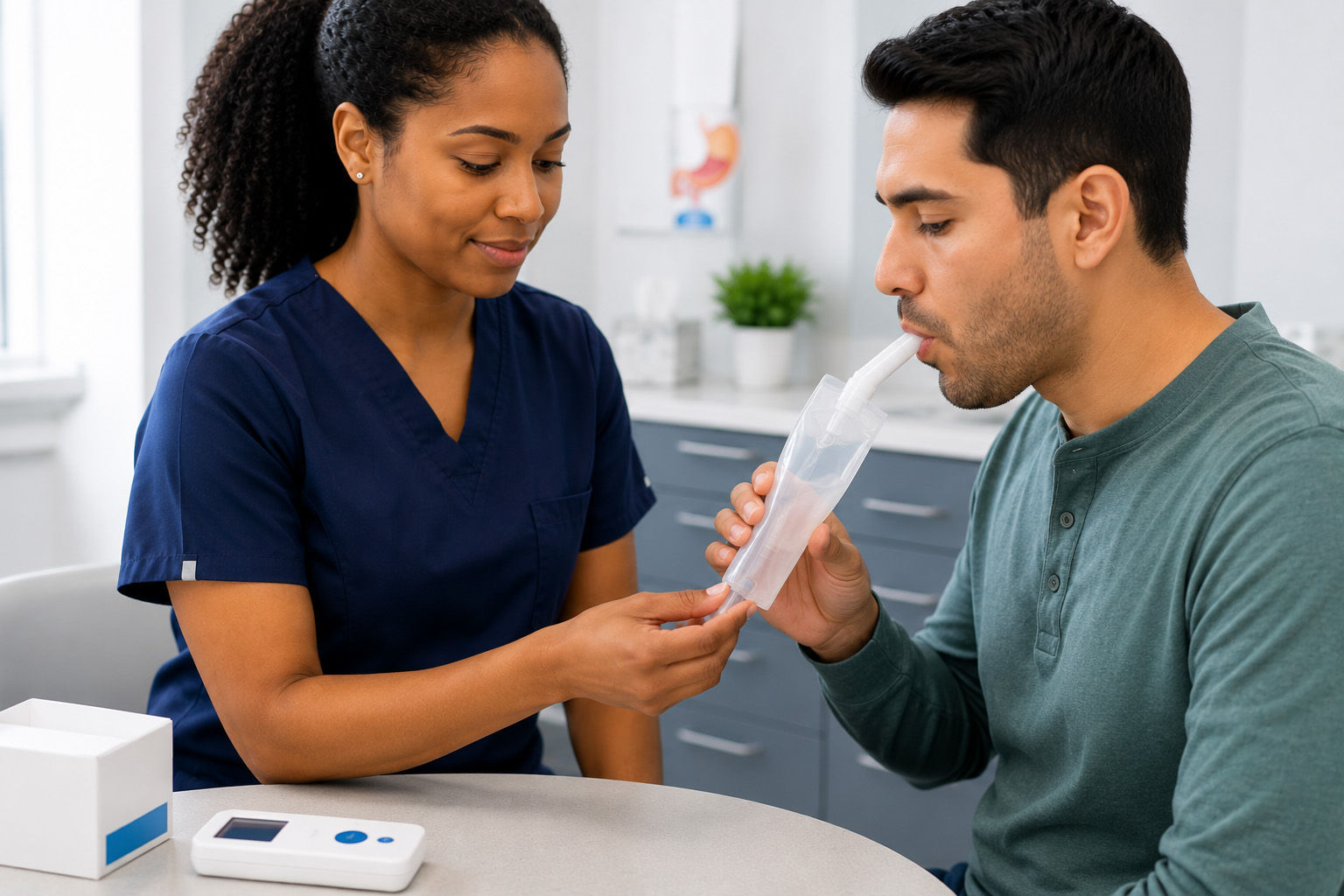 Nurse assisting man with a breath test