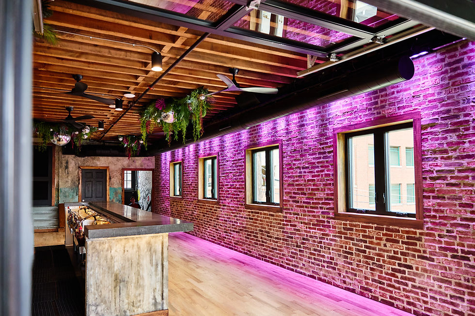 Bar area with brick walls illuminated by purple lights. Wooden ceiling with fans and hanging plants. Windows overlook buildings outside.