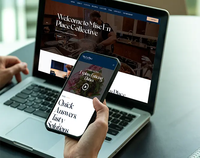 Person using phone and laptop, website interface in the screen, Place Collective website.