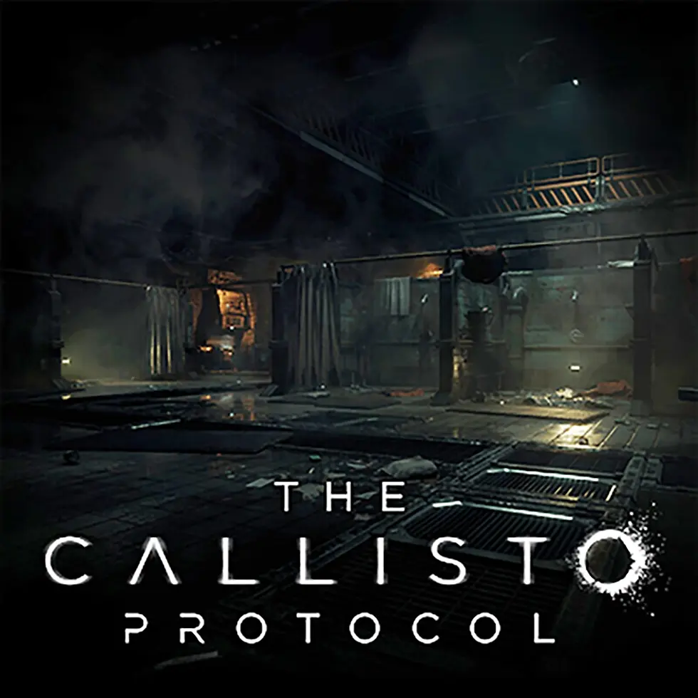 Dark, smoky sci-fi horror scene from THE CALLISTO PROTOCOL video game.