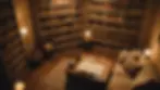 High angle view of a cozy reading nook filled with books and soft lighting