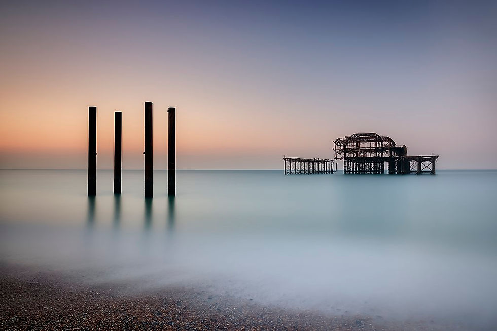 Sunrise at the West Pier, Brighton in 2018 (photo credit: By Christerajet - Own work, CC BY-SA 4.0, https://commons.wikimedia.org/w/index.php?curid=72714840)