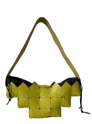 Bright yellow woven handbag with a wide strap, cinched sides, and black interior, shown on a transparent background.