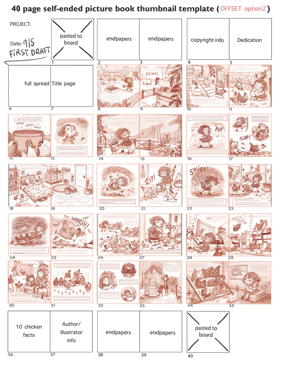 Story board with finished sketches