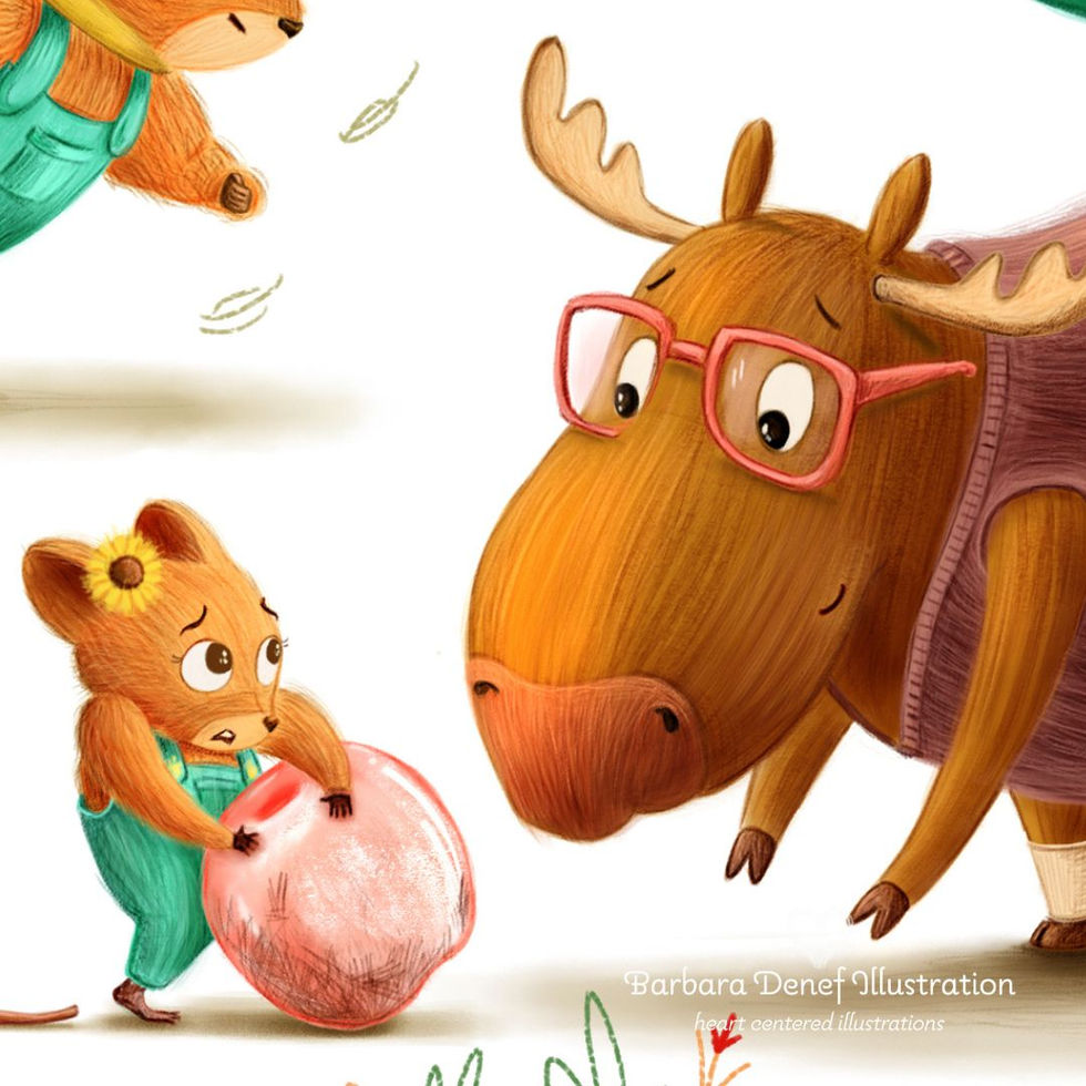 Barbara Denef illustration - the enchanted apple - icb2022 - MATS course - Make art that sells - interior full spread - magical woods - enchanted forest - character design - animal characters - moose - pika