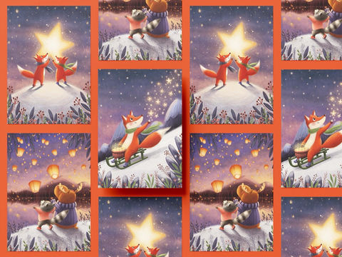 Barbara denef illustration - christmas card collection 2023 - whimsical winter illustrations - cute animal characters - cozy forest - bonfire in the woods - woodland animals - christmas elves - christmas card sets
