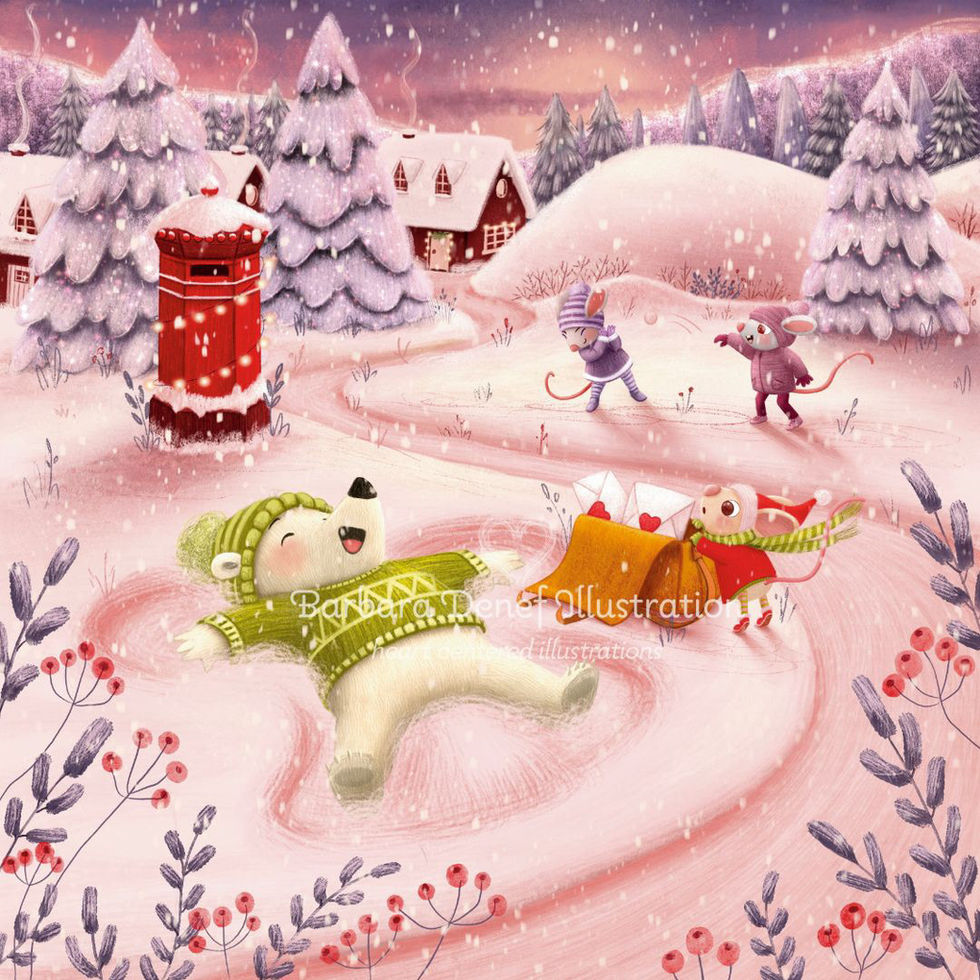 Barbara Denef illustration - animal characters - cute animals - whimsical illustrations - detailed illustrations - picture book illustration - children's book illustration - children's illustrator - winter scene - christmas - polar bear