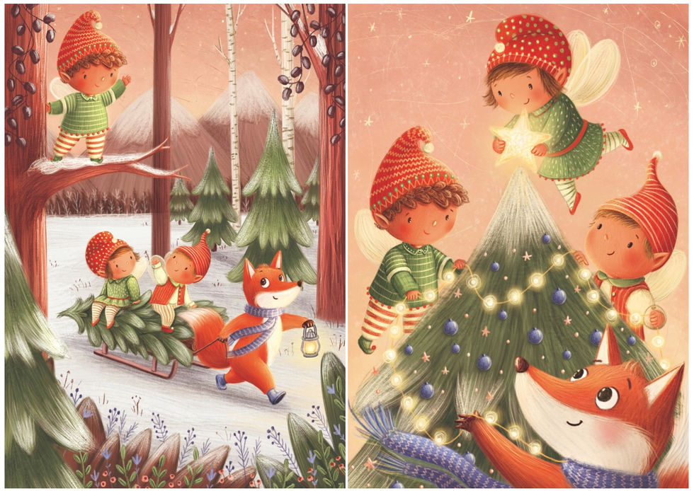 Barbara denef illustration - christmas card collection 2023 - whimsical winter illustrations - cute animal characters - cozy forest - bonfire in the woods - woodland animals - christmas elves - christmas card sets - fox - christmas tree decoration