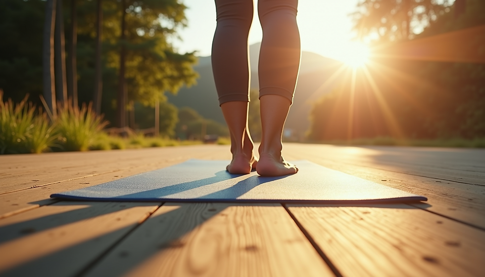 Woman practicing yoga outdoors in the morning sun.
