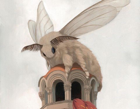 A giant silk moth sits atop a classical tower with a red flag blowing in the wind