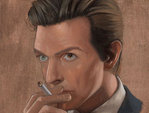 A portrait of David Bowie smoking a cigarette, wearing a blue suit Oliver Hurst