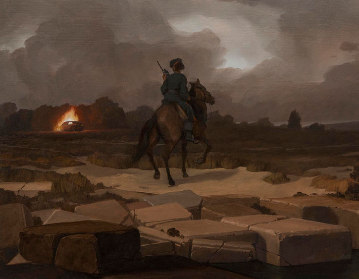 Stormy landscape with a burning car in the background. A horse rider is using a radio in the foreground. 