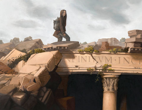 A female figure walks across a landscape of collapsed structures and classical ruins 