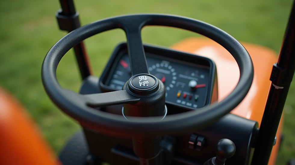Close-up view of electric lawn tractor dashboard and controls