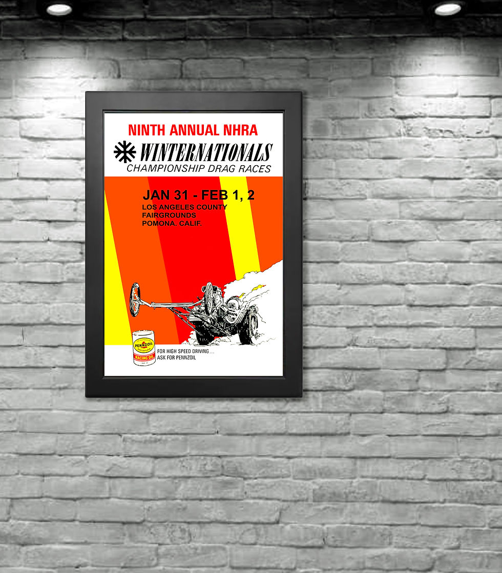 Thumbnail: 1969 NHRA 9TH Annual Winternationals, Pomona, Ca. Advertising Poster image with frame on a wall
