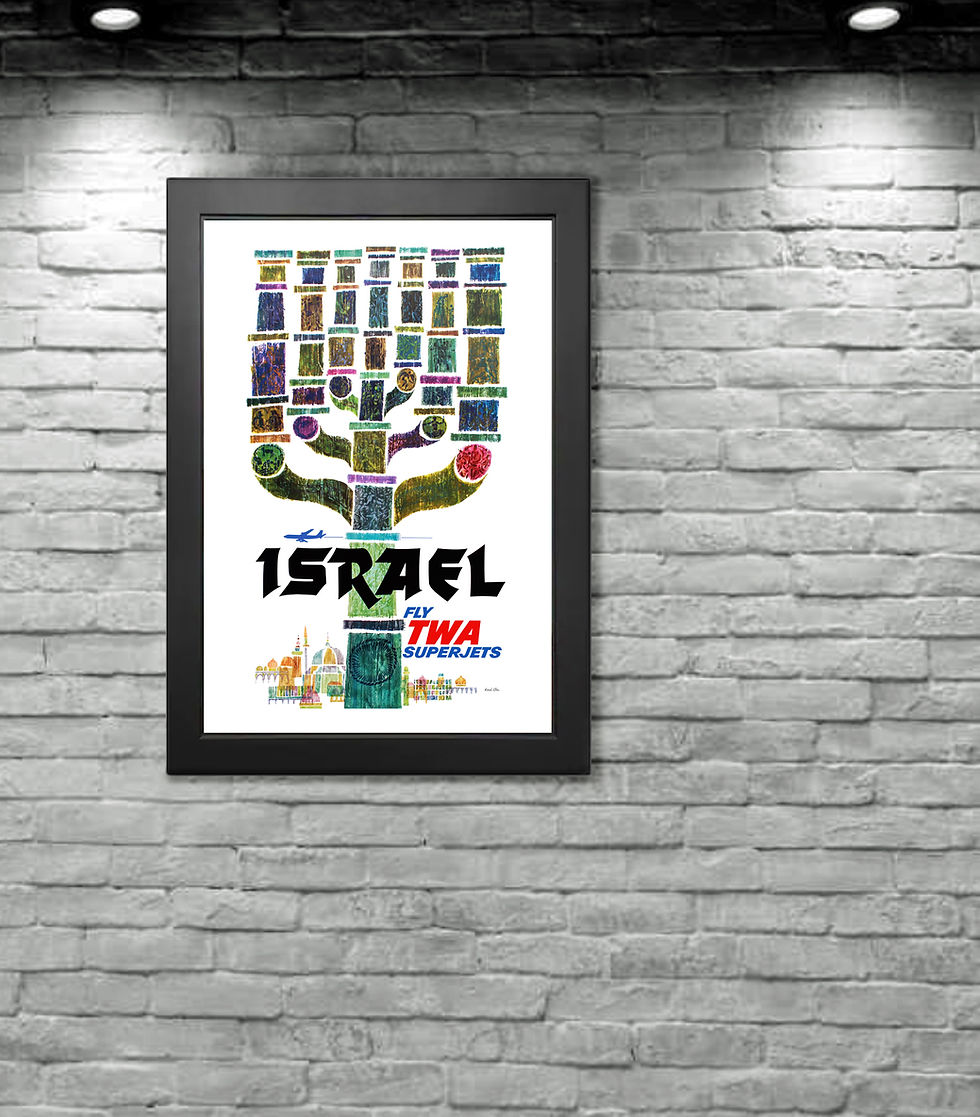 Thumbnail:  TWA Flights to Israel – 1960s David Klein Vintage poster image with frame on a wall