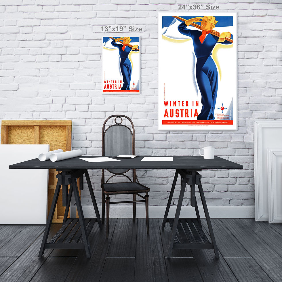 Thumbnail:  Winter in Austria Art Deco 1930s Ski poster image with two frame sizes on a wall