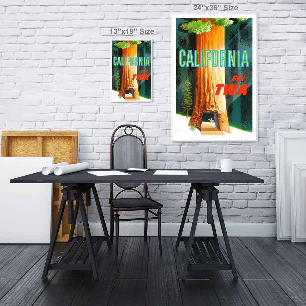 Thumbnail: California Sequoias TWA 1950s Vintage poster image with two frame sizes on a wall