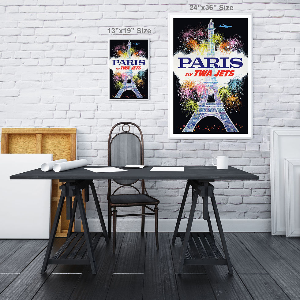 Thumbnail: Flights to Paris - 1960s David Klein Vintage poster image with two sizes on a wall