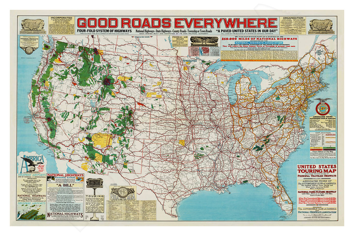 Good Roads U.S. Touring Routes 1925 Vintage Style Map: Pre Route 66